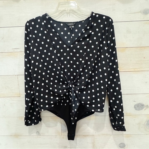 Express black white polka dot tie waist bodysuit ❤️ - Picture 4 of 8